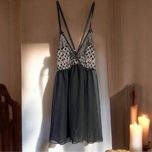 Cacique Black Mesh Gown Lace Lingerie + Thong Sz 14/16 Sexy Set NWT Romantic